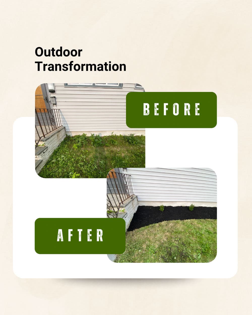 Outdoor transformation: before and after images showcasing landscaping improvements.