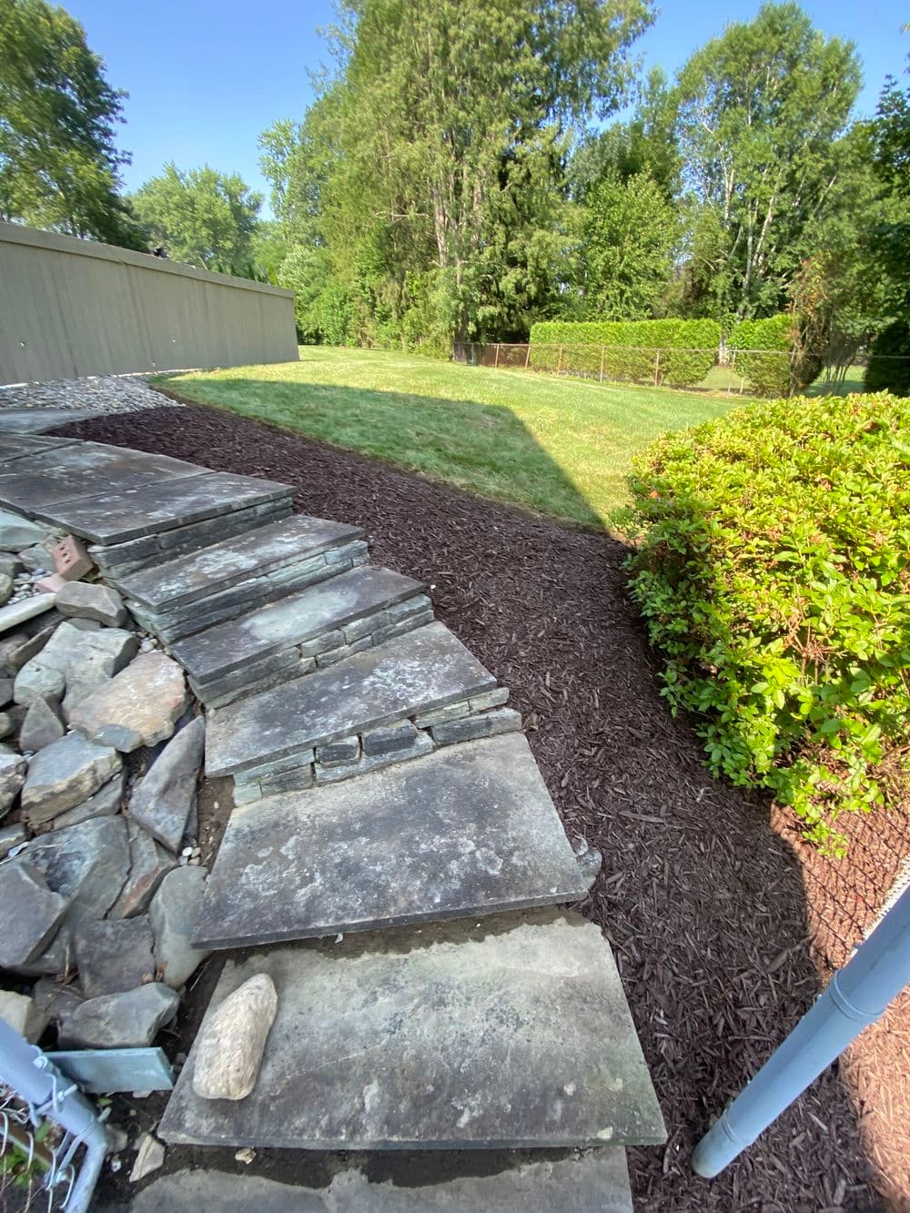 Stone pathway leading through a green backyard with trees and shrubs.