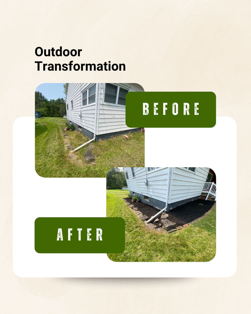 Outdoor transformation showing before and after landscaping improvements. Garden renovation project.