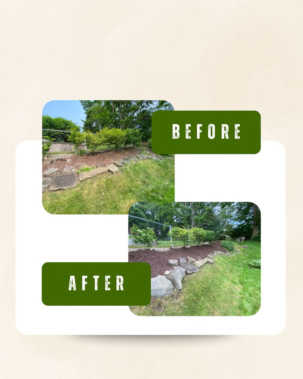 Before and after garden makeover showcasing landscaping improvements and enhanced greenery.