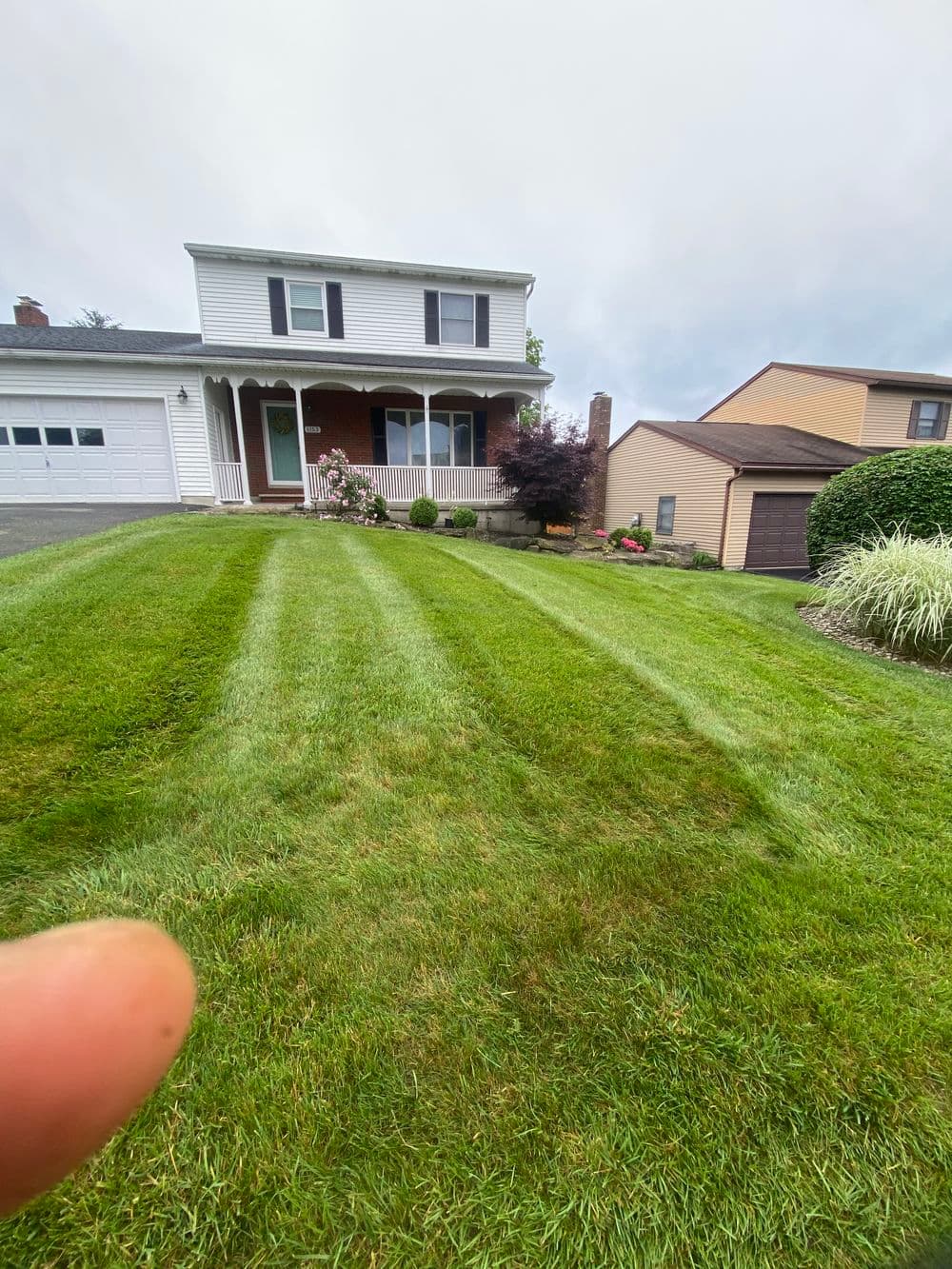 Well-maintained lawn and house with neat grass stripes and landscaping in suburban setting.